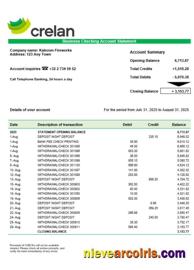 Crelan bank company checking account statement